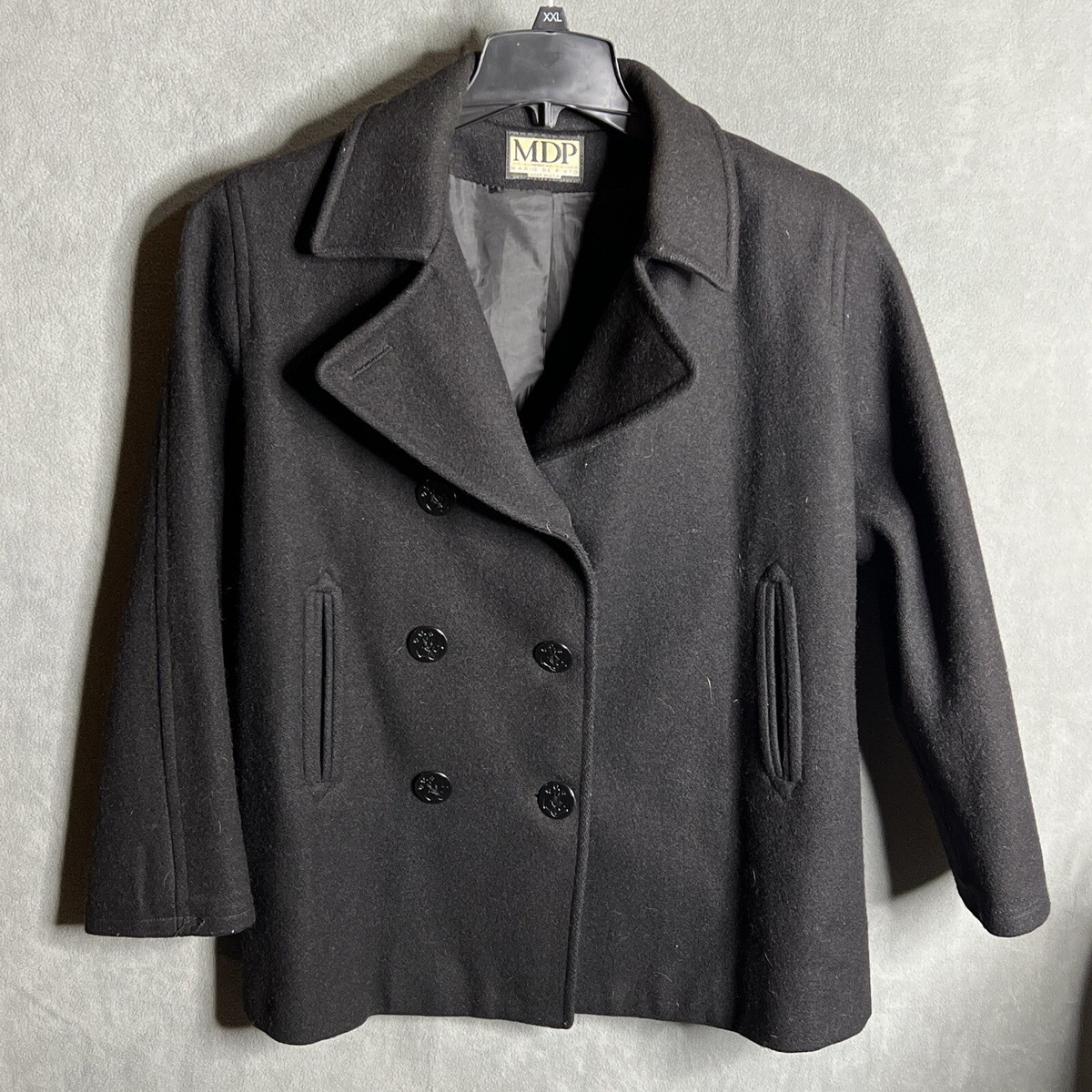 MDP Mario De Pinto Black Pea Coat Wool Blend Jacket Made In USA M