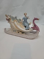Antique Swan Sleigh w/ Woman & Cherub Bisque Porcelain Centerpiece 10" Victorian
