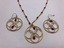 Vintage Avon Golden Circles & Purple Stone Goldtone Necklace & Earring Set
