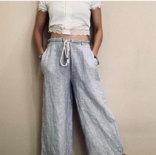 Tahari Women's Pants Blue Linen Wide Leg Striped Nautical Coastal Boho Medium