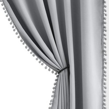 Pompom Full Blackout Curtains Grey Window Curtains for Basement 54 inches The...