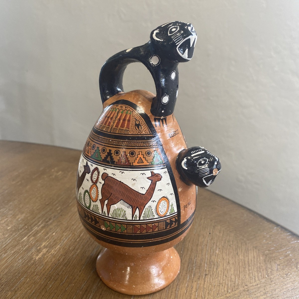 Cusco Peru Inca Style Handmade & Hand Painted Jaguar Clay Pitcher