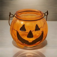 Halloween Glass Pumpkin Jack-O -Lantern Tea Light Votive Candle Holder 3x4 New