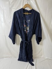 Vintage Chinese Embroidered Kimono Robe Navy Blue Floral Jacquard Landscape