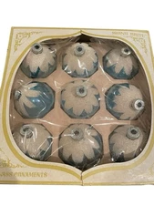 Box 9 Vintage Shiny Brite Christmas Ornaments Blue White Mica Snow Cap USA