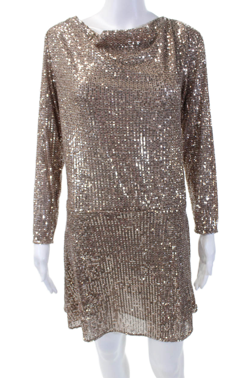 Rixo Womens Metallic Sequin Open Back Long Sleeve Mini Dress Brown Size XS LL19LFree Shipping in US $100+ Orders | $6.95 Orders Below