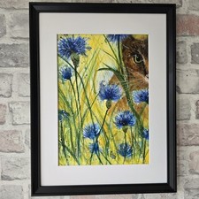 Original Watercolour Painting Floral Cornflowers Spring Cat Framed