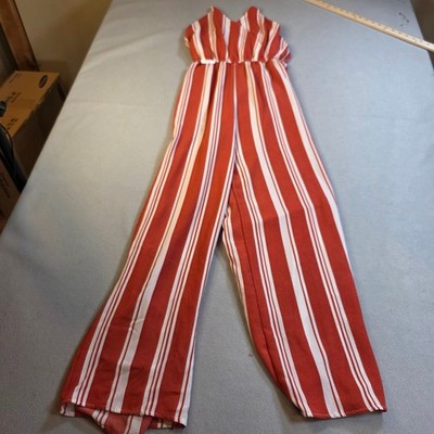 Rue21 Red White Striped Wide Leg Jumpsuit V-Neck Elastic Waist Size Medium