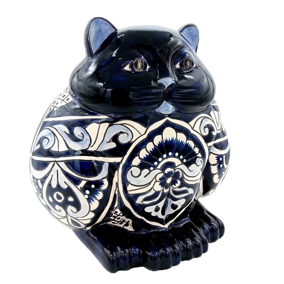 handmade talavera pottery planter large fat cat figure floral scroll pattern mexican hand painted blue and white ceramic animal shape flower pot mediterranean tuscan style indoor or outdoor patio decor