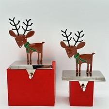 Brown Enamel Reindeer Christmas Stocking Hangers Silver High Gloss finish 6 Inch