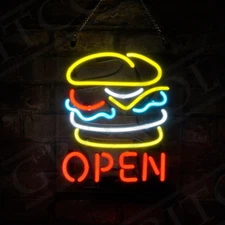 Hamburger Open Fast Food Restaurant Wall Decor Advertising Night Light 10"x10"