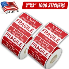 1000 Fragile Stickers 2x3 Handle with Care Thank You 500 / Roll Warning Labels