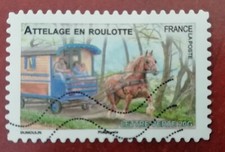 TIMBRE ATTELAGE DE ROULOTTE CHEVAUX DE TRAIT DE NOS RÉGIONS