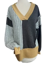 Sugarfox California Gray Brown Women's V-Neck Pullover Color Block Sweater READ