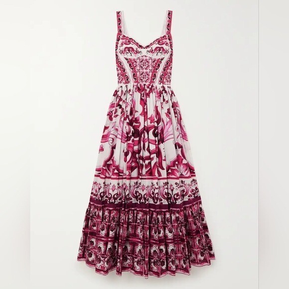 $2,495 Dolce & Gabbana Majolica Print Cotton Poplin Maxi