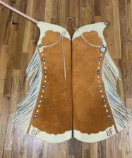 Handmade Cowgirl Style Suede Leather Fringe Chaps Western Rodeo Women Pants
