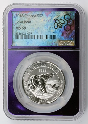 2018 Canada $2 Polar Bear 1/2 oz .9999 Fine Silver Coin NGC MS69 Purple Core