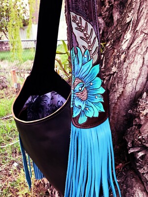 womens leather purse shoulder hand bags. Hand carved strap.