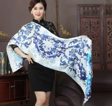 100% Silk Scarf Women long neckerchief Shawl Wrap floral blue white MY127-1
