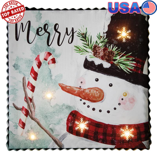LED Lighted Merry Snowman Canvas Wall Art Indoor Decoration Battery Operated New
