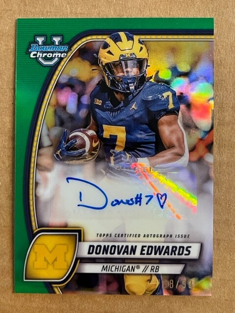 DONOVAN EDWARDS Michigan 2024 Bowman Chrome University Green Ref AUTO # 68/99