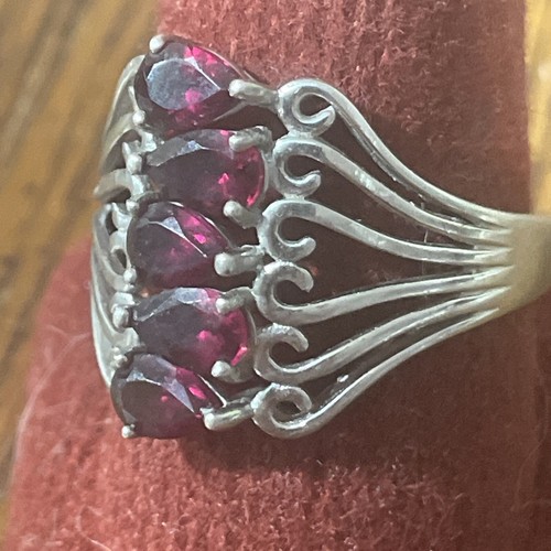 DK 925 Vtg. Sterling Rhodolite Ring Scrolling Features Pear Shaped Garnet Sz 10 - Picture 4 of 8