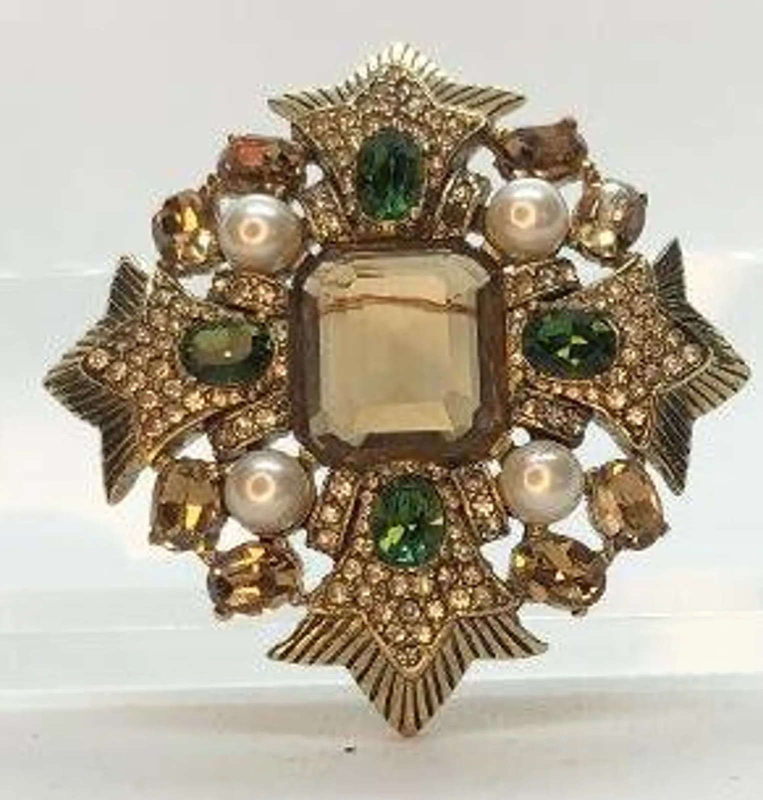 Stunning Antique Ciner Brooch/Pin w/ Faux Pearls And Multi Color Rhinestones