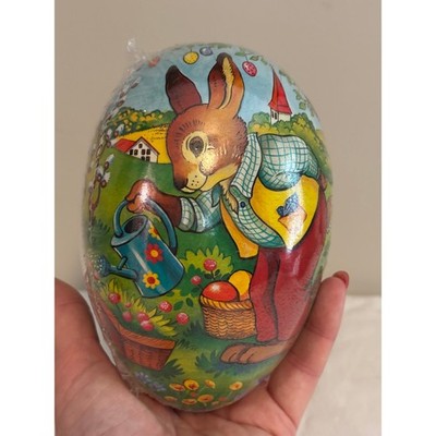 Vintage German Papier-Mache Easter Egg Bunny Gardener Candy Container Fillable