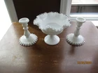 3 pc Vintage Fenton Milk Glass Silver Crest Console Set Compote Candle Sticks