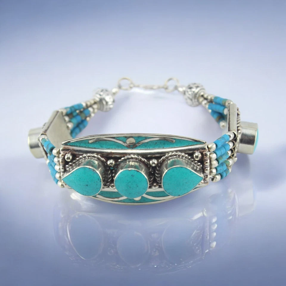 Handmade Turquoise Bracelet 925 Sterling Silver Multi Strand Beaded Adjustable - Image 1 of 4