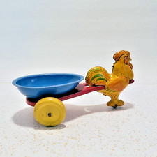 Vintage Wyandotte Tin Lithograph Yellow Rooster Pull Toy Blue Egg