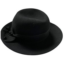 Vintage Felted Wool Cloche Hat Ribbon Bow Trim Made in Italy Black EUC