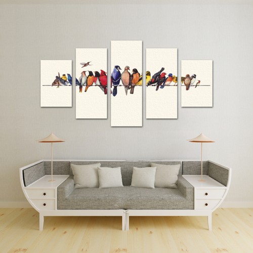 5 Panels Combination Oil Painting Birds on the Clothesline Wall Hanging Picture