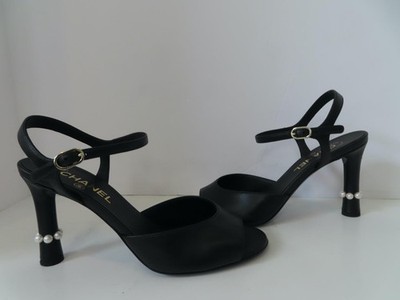CHANEL Black Leather Sandals w/Pearl/Logo Detail Heels 39/US 9 | eBay
