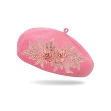 Flower Embroidery Summer Knit Beret Hat French Style Artist Beret Cap Pink