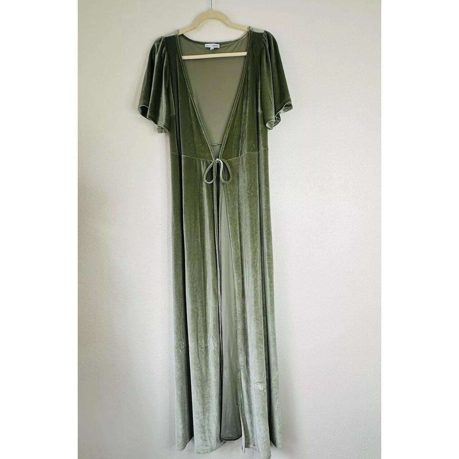 Baltic Born Light Sage Green Velour Short Flutter Sleeve Maxi Wrap Dress XS