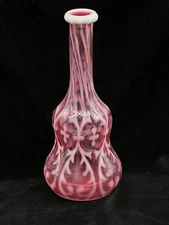 Antique Cranberry Spanish Lace/Brocade Opalescent Barber Bottle 7.5”