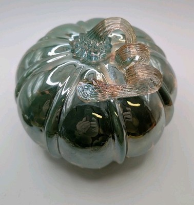 Hand blown Glass Pumpkin Swirl Sage Green Ribbon Fall Autumn Harvest Table Decor