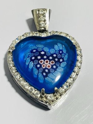 Vintage AGM DESIGNER MILLEFIORI MURANO Floral 925 STERLING SILBER Herz Anhänger