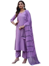 GoSriKi Women's Rayon Blend Solid Straight Kurta with Pant & Dupatta