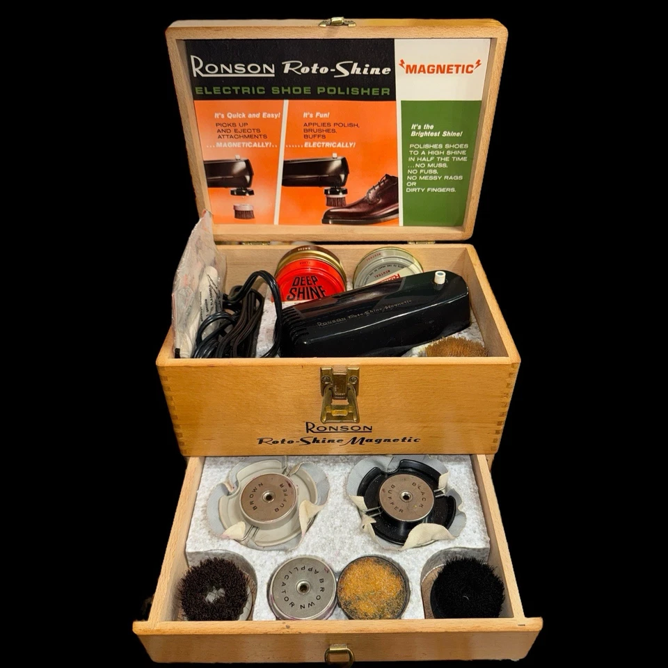 Винтажная магнитная коробка для блеска обуви Ronson Roto Shine и насадки протестированы и работают - Изображение 2 из 3