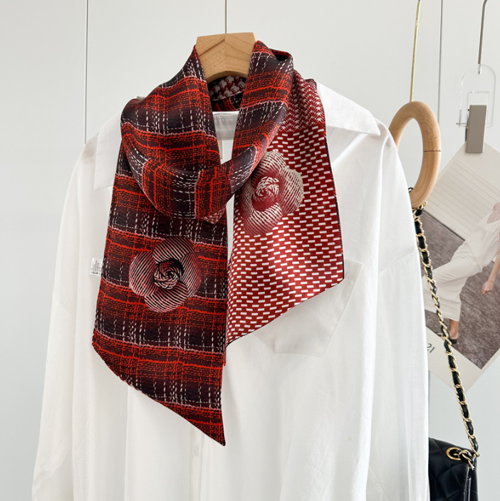 100% Silk Mulberry Scarf 150x16cm Red Floral Grid Print Womens Neckerchief Wrap