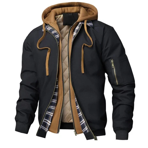 Men's Black Hooded Bomber Jacket Winter Warm Coat Double Zip Long Sleeve Pockets - product listing photo