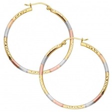 Diamond Cut Textured Tube Hoop 14K Solid Tri Tone Gold 2 x 35mm Hinged Earrings