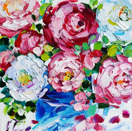 original oil painting Rose Peony colorful flowers impasto artwork Floral art - Afbeelding 1 van 11