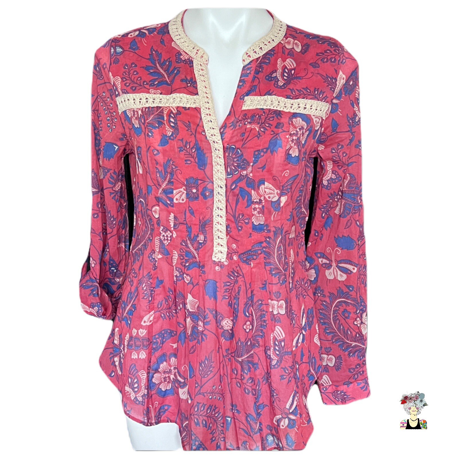 Anthropologie Maeve Blouse Pink Roll Tab Sleeve Flora… Gem