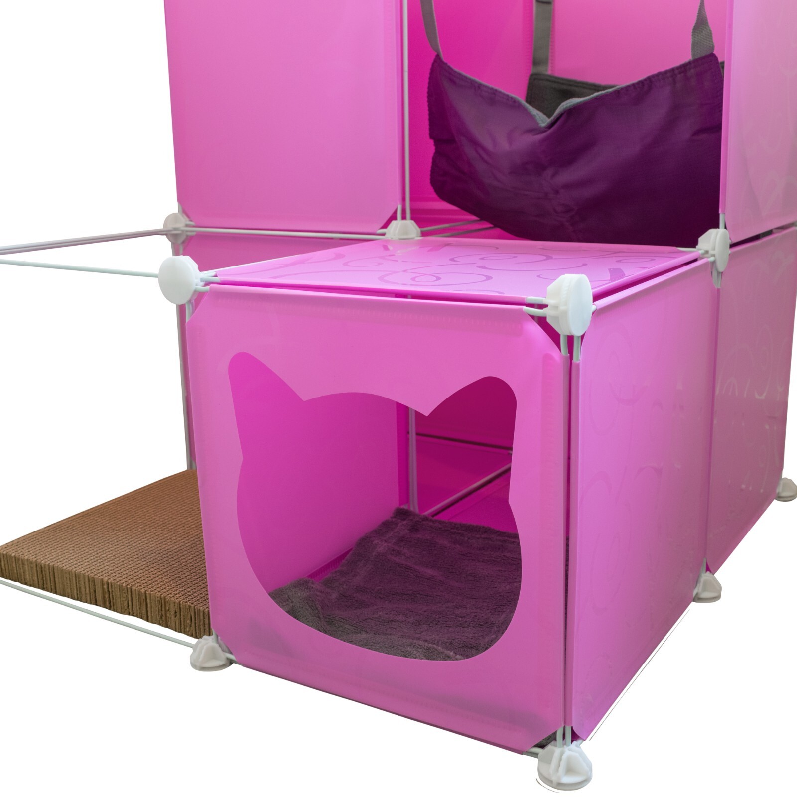 pink cat cubby activity house/tower/tree-build+design+scratcher+hammock+blanket