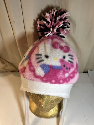 Hello Kitty Kids Girls Winter Fleece Hat Pink One Size Pom Pom Ear Flaps