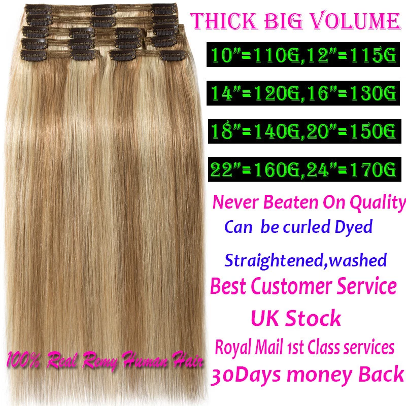 Thick Double Weft Clip In Real Remy Human Hair Extensions Full Head UK Sale M266 - Image 4 of 4