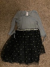Justice Black and White Striped Dress with Tulle Polka Dot Skirt 10 Long Sleeves